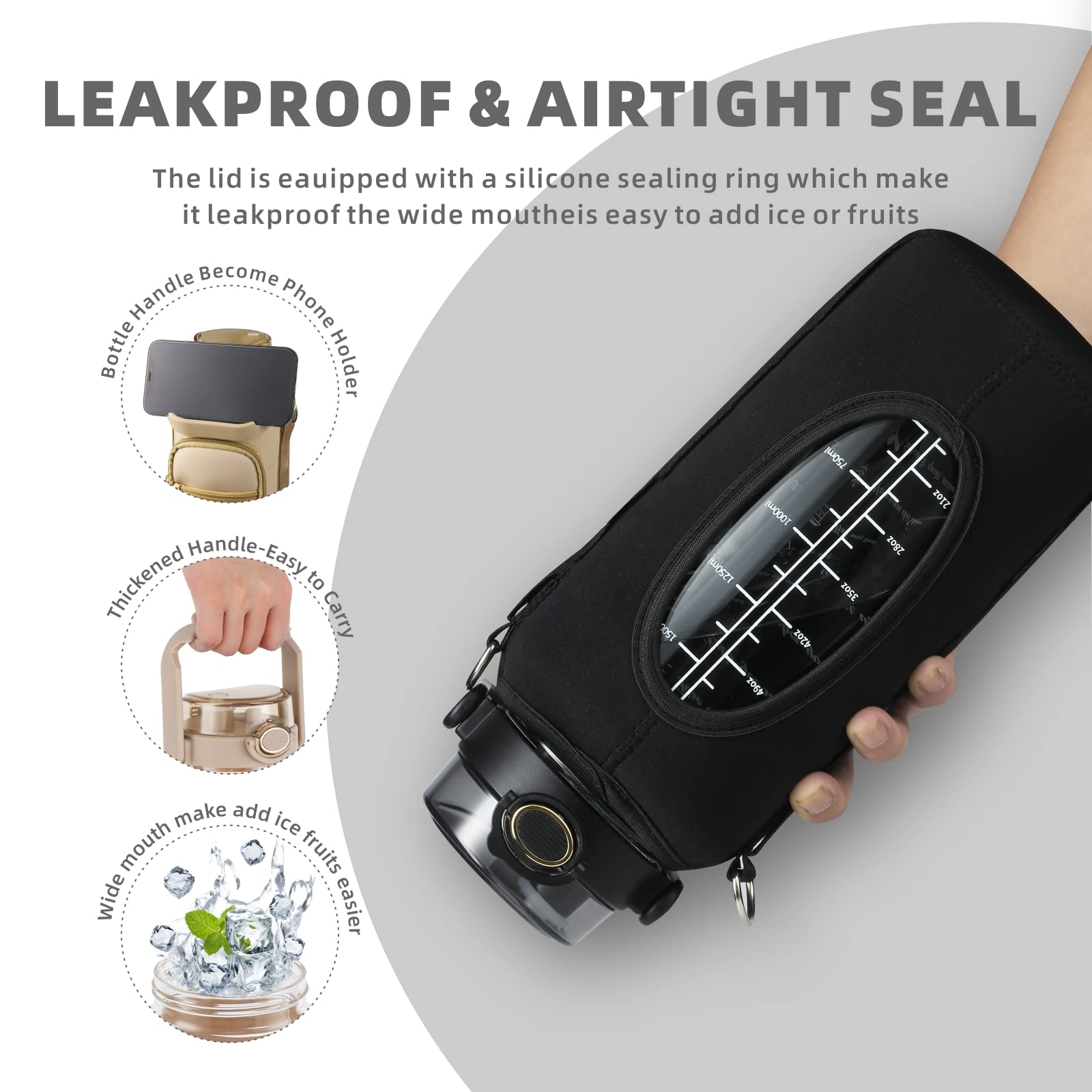 Chunmo Half Gallon 64Oz Glass Water Bottle With Straw And Storage Sleeve Motivational Water Bottle With Strap And Time To Drink